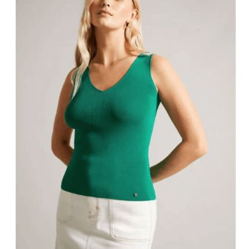 TED BAKER Josiiy Slim Fit Knit Top Emerald Green Sleeveless V-Neck Size 4 Top